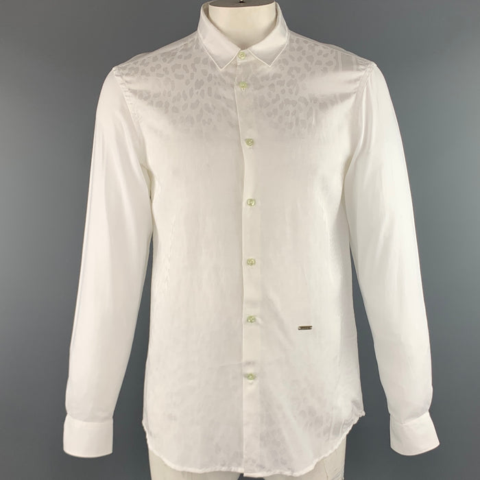 JUST CAVALLI Size L White on White Animal Print Button Up Long Sleeve Shirt