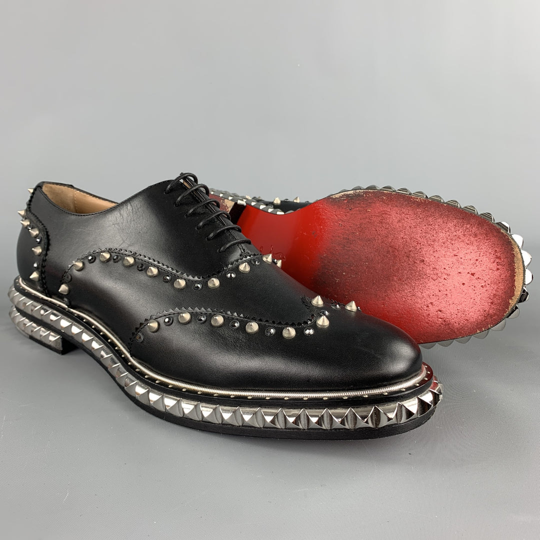 CHRISTIAN LOUBOUTIN Size 10.5 Black Studded Leather Wingtip Lace Up Shoes