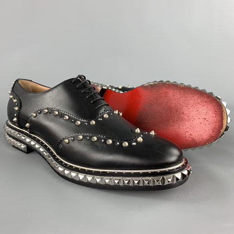 CHRISTIAN LOUBOUTIN Size 10.5 Black Studded Leather Wingtip Lace Up Shoes