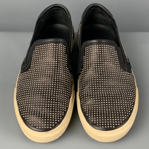 SAINT LAURENT Size 10.5 Black Studded Leather Slip On Silver Sneakers