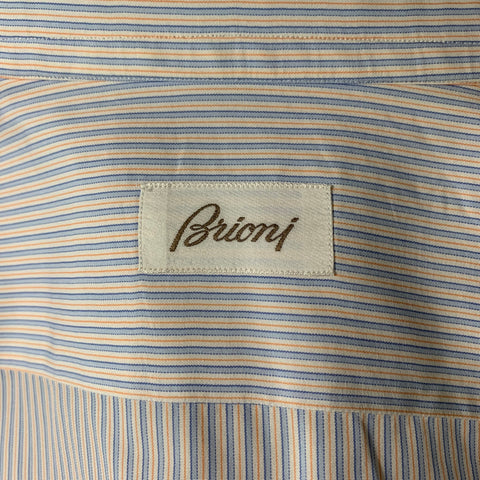 BRIONI Size L White, Blue & Orange Stripe Cotton Button Down Long Sleeve Shirt