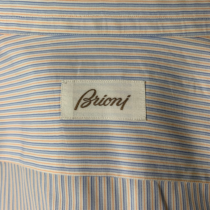 BRIONI Size L White, Blue & Orange Stripe Cotton Button Down Long Sleeve Shirt