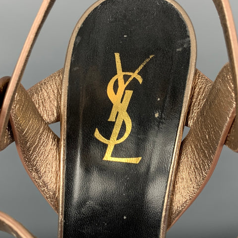YSL Size 9.5 Metallic Rose Gold Leather Platform Sandals