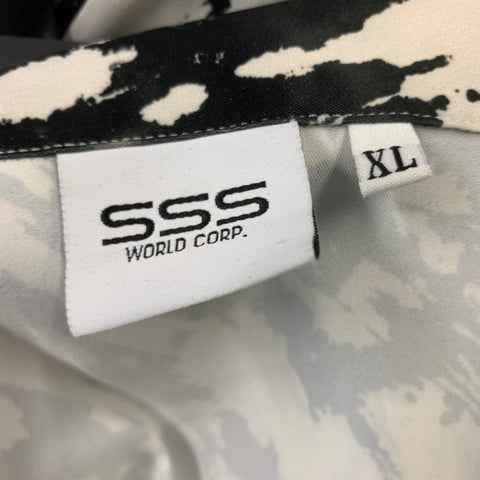 SSS WORLD CORP. Size XL White &  Black Print Polyester Camp Short Sleeve Shirt