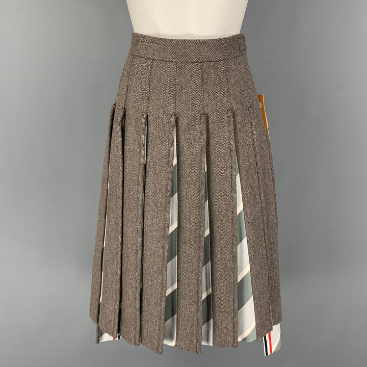 THOM BROWNE Size 2 Brown Grey Lambswool Herringbone Pleated Below Knee Skirt