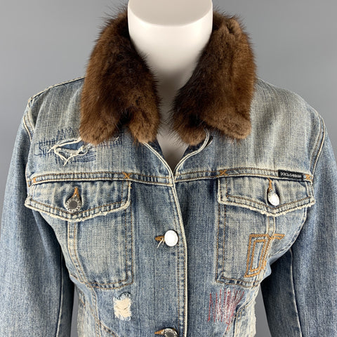DOLCE & GABBANA Size 10 Blue Denim Fur Collar Trucker Jacket