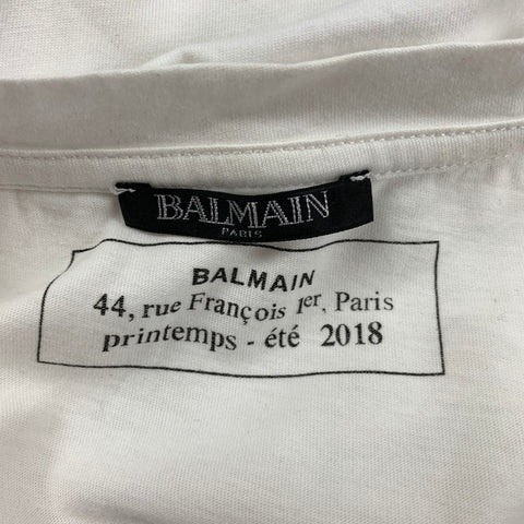 BALMAIN Size L White & Black Logo Cotton Crew-Neck T-shirt