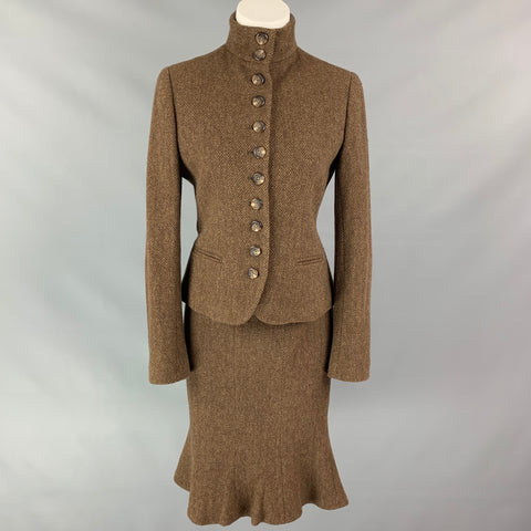 RALPH LAUREN Black Label Size 6 Brown & Taupe Herringbone Wool / Cashmere Skirt Suit