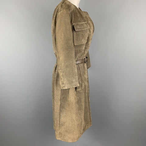 PRADA Size S Olive Green Textured Sueded Leather Alligator Belt Military Coat