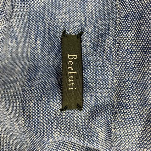 BERLUTI Size XXL Blue & White Cotton / Linen Button Down Long Sleeve Shirt
