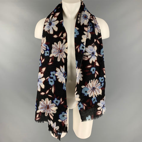 CAMERUCCI Black Multi Color Floral Wool Scarf