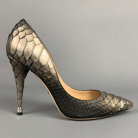 PAUL ANDREW Zapatos de tacón de piel de pitón con degradado plateado y gris talla 8