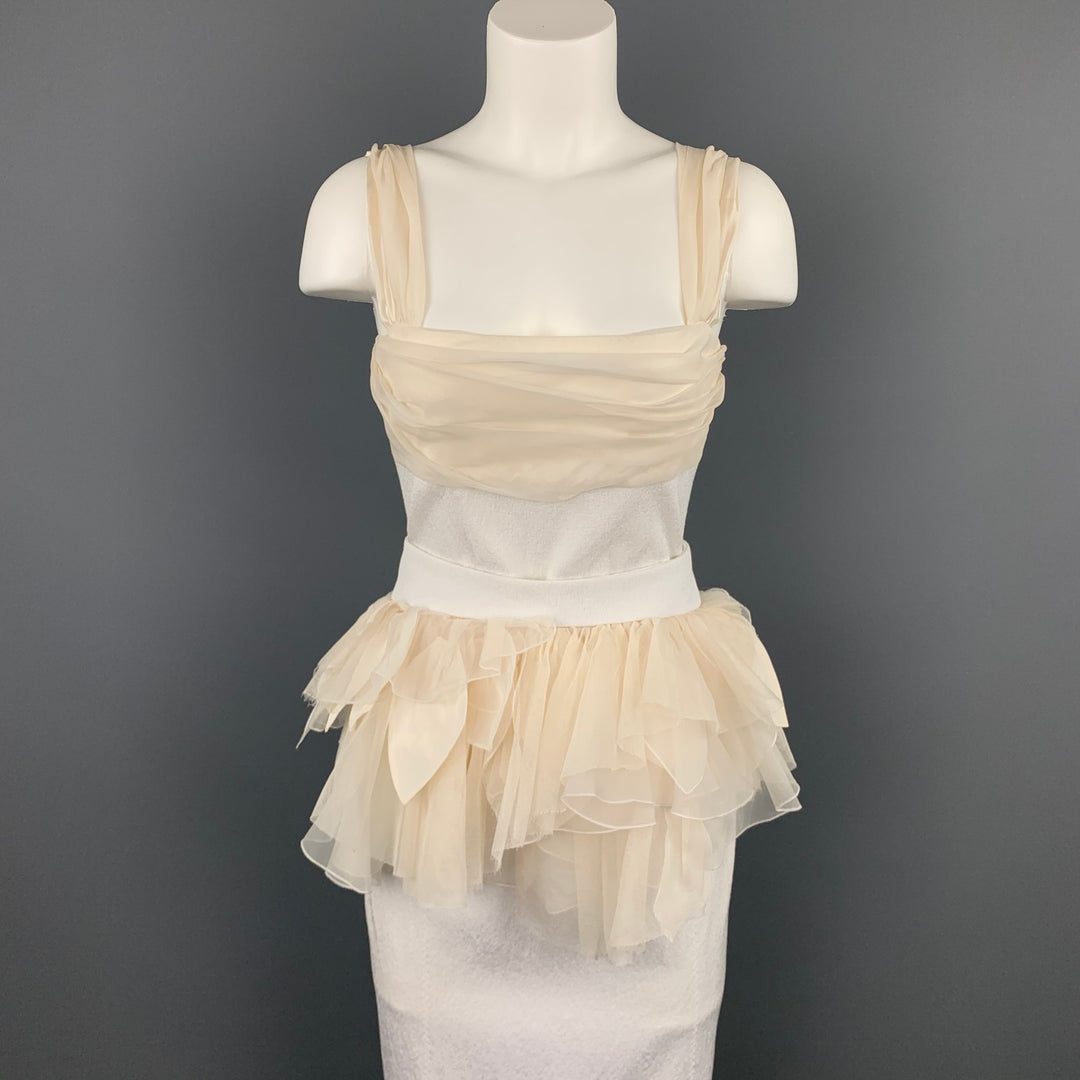 LOUIS VUITTON Size 6 White & Beige Ruched Bust Ruffled Belt Cocktail Dress