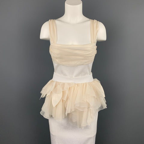 LOUIS VUITTON Taille 6 Robe de cocktail à buste froncé blanc et beige avec ceinture à volants