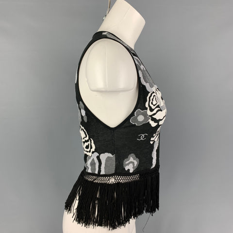CHANEL Size M Black & White Cotton Rayon Floral Sleeveless Dress Top