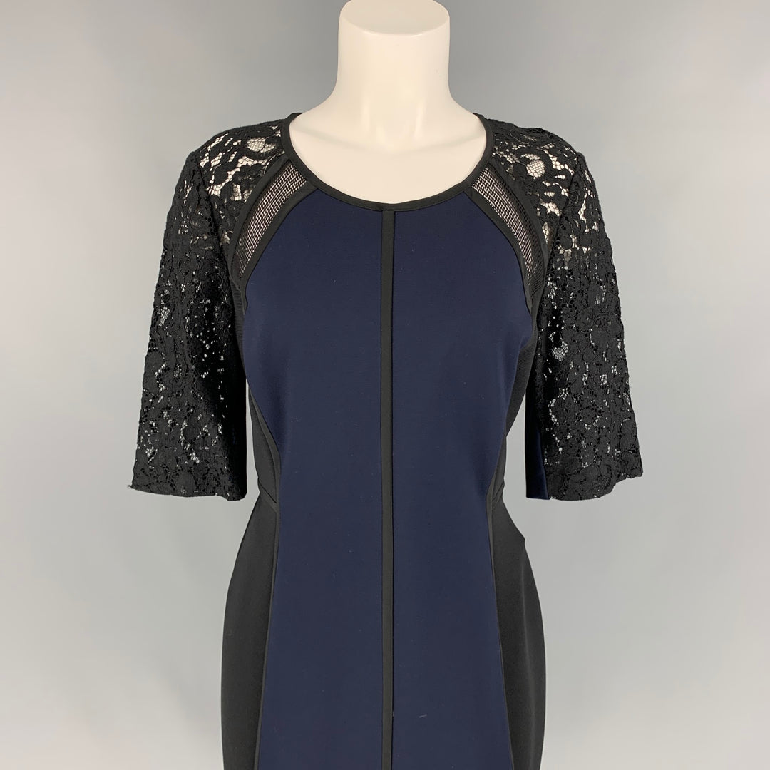 REBECCA TAYLOR Size 10 Black & Navy Rayon Blend Below Knee Sheath Dress REBECCA TAYLOR Size 10 Black & Navy Rayon Blend Below Knee Sheath Dress