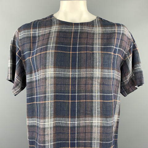 SCHNAYDERMAN'S Size XL Brown Plaid Linen Scoop Neck T-shirt