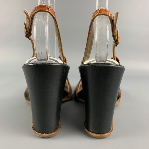 DRIES VAN NOTEN Size 8 Tan & Black Embossed Wedge Peep Toe Sandals