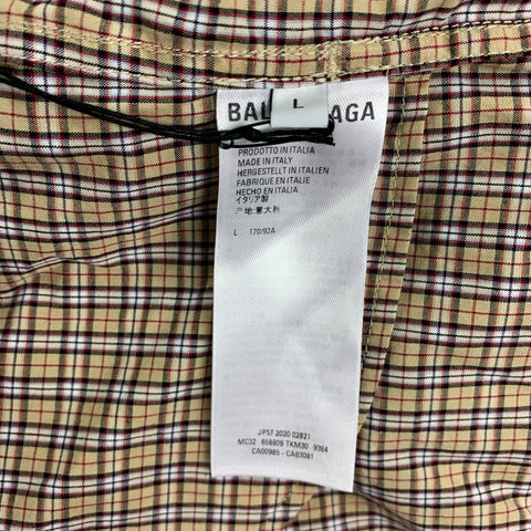 BALENCIAGA Size L Beige & Navy Checkered Cotton Oversized Long Sleeve Shirt