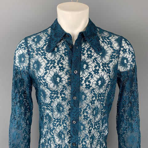 GUCCI S/S 16 Size M Teal Lace Polyamide Blend Button Up Long Sleeve Shirt