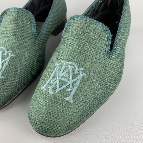 SHIPTON Size 8 Forest Green Woven Silk Embroidery Slippers Loafers