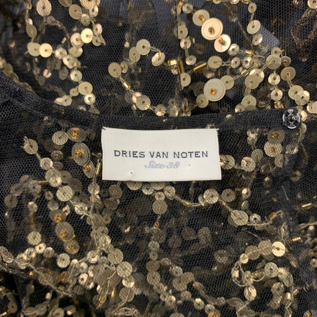DRIES VAN NOTEN Size 6 Black & Gold Beaded Polyester Dress Top Sui Generis Designer Consignment DRIES VAN NOTEN Size 6 Black & Gold Beaded Polyester Dress Top Sui Generis Designer Consignment