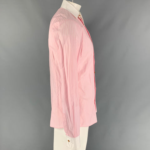 VIVIENNE WESTWOOD MAN Size L Pink White Stripe Cotton Asymmetrical Collar Long Sleeve Shirt