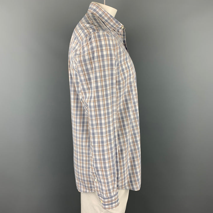 ERMENEGILDO ZEGNA Size XL Blue & White Plaid Cotton Long Sleeve Shirt