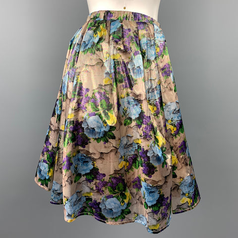 MSGM Size 6 Gold & Purple Floral Polyamide Elastic Waistband A-Line Skirt