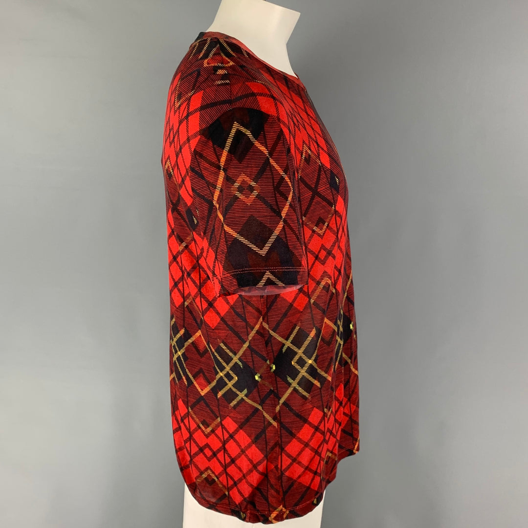 MCQ by ALEXANDER MCQUEEN Size L Red Black Plaid Lyocell Crew-Neck T-shirt