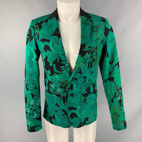 MR TURK Chest Size 36 Green & Black Floral Rayon Blend Notch Lapel Sport Coat