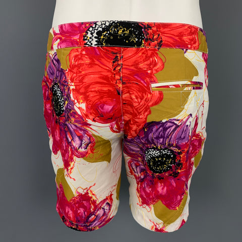 MR. TURK Size 30 Red & White Floral Polyester Swim Trunks