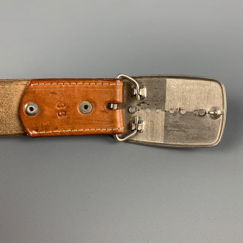 VINTAGE Size 36 Tan Woven Leather Pluribus Unum Coin Buckle Belt