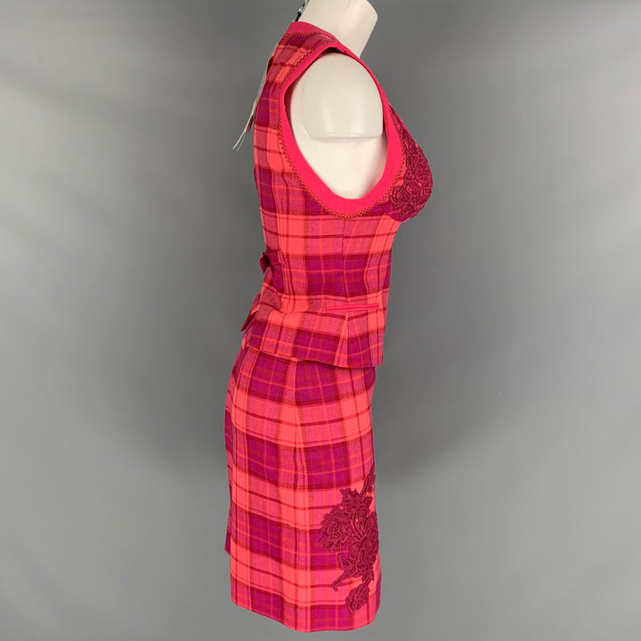 LA PERLA Size 2 Red Pink Wool Elastane Plaid Pencil Above Knee Outfits Sets