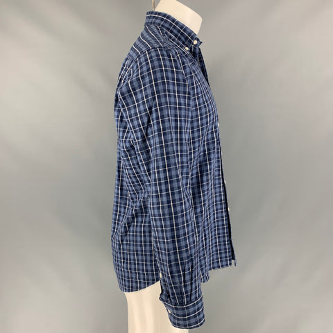 BARNEY'S NEW YORK Camisa de manga larga con botones de algodón a cuadros azul marino talla S