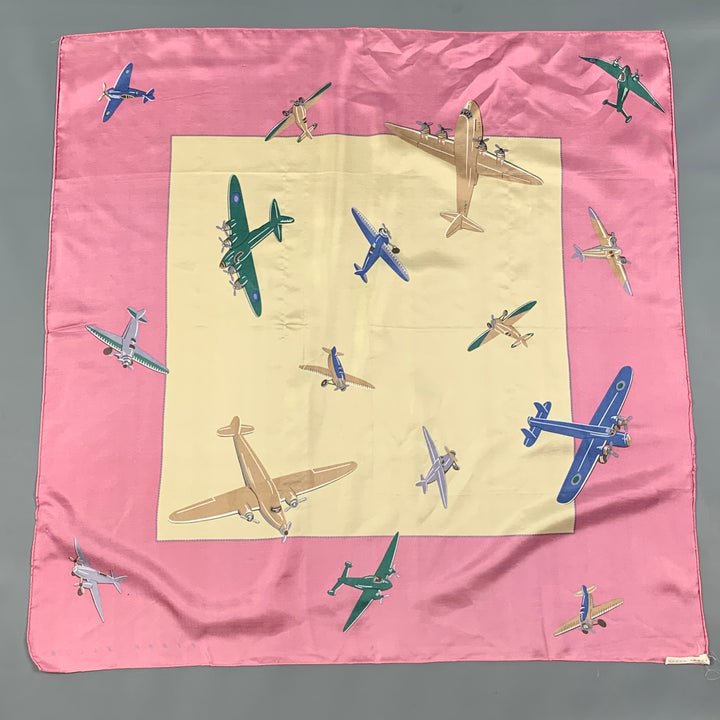 PERRY ELLIS Pink Beige Plane Print Silk Scarf
