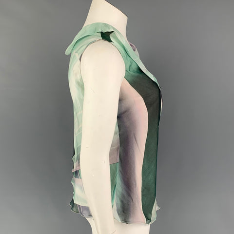 ARMANI COLLEZIONI Size 8 Green Purple Silk Marbled Ruffle Top