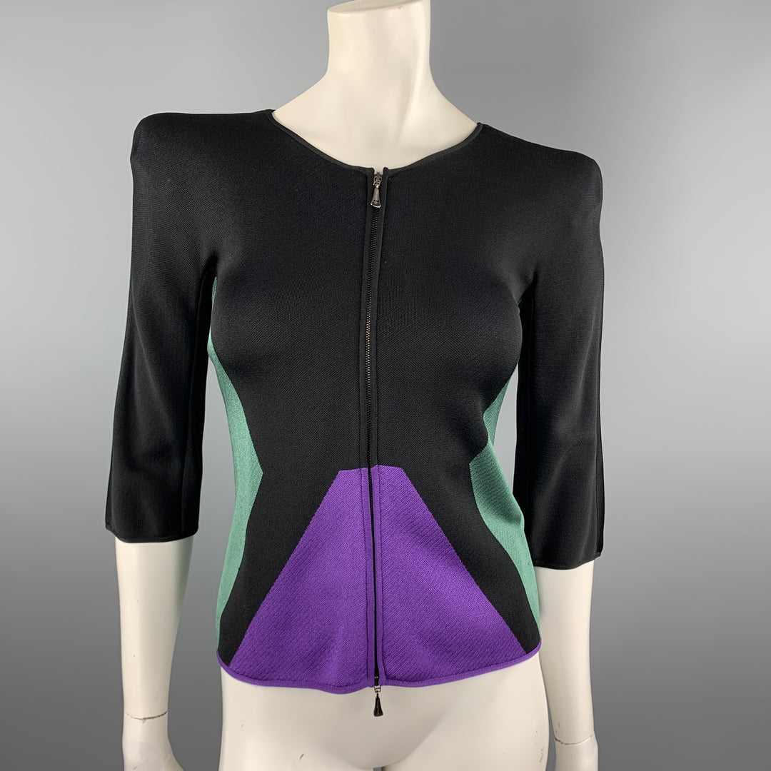 GIORGIO ARMANI Size 2 Black Green & Purple Color Block Shoulder Pad Jacket