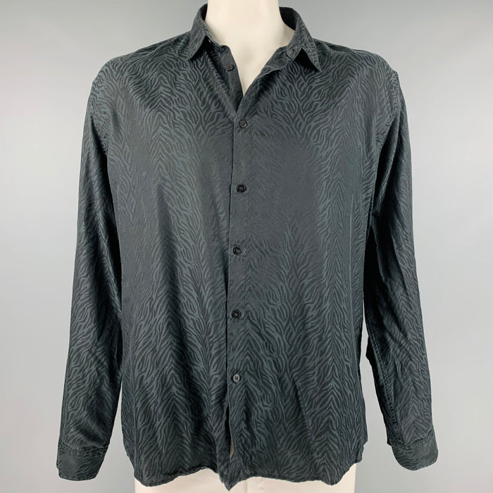 ROBERTO CAVALLI Size XL Black Animal Print Cotton Silk Long Sleeve Shirt