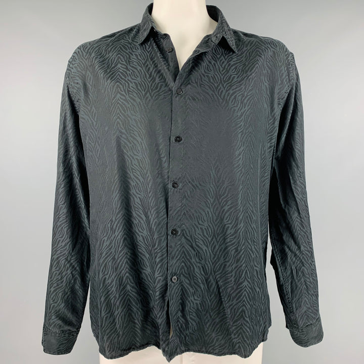 ROBERTO CAVALLI Taille XL Chemise à manches longues en soie et coton imprimé animal noir