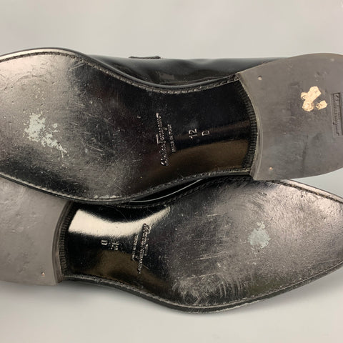 SALVATORE FERRAGAMO Size 12 Black Patent Leather Tuxedo Loafers