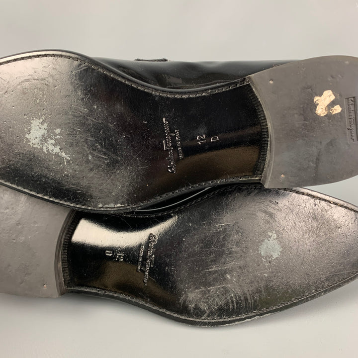 SALVATORE FERRAGAMO Size 12 Black Patent Leather Tuxedo Loafers