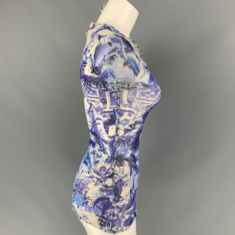 JEAN PAUL GAULTIER Size S Blue & White Polyamide See Through Tapestry Blouse