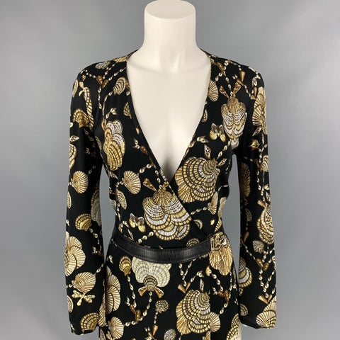 GUCCI Resort 2009 de Frida Giannini Talla 6 Vestido cruzado de viscosa a media pierna con conchas marinas en negro y marrón