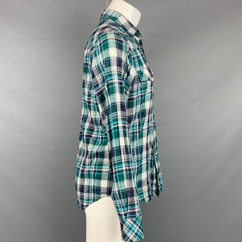 THEORY Size M Green & Navy Plaid Cotton Button Down Long Sleeve Shirt