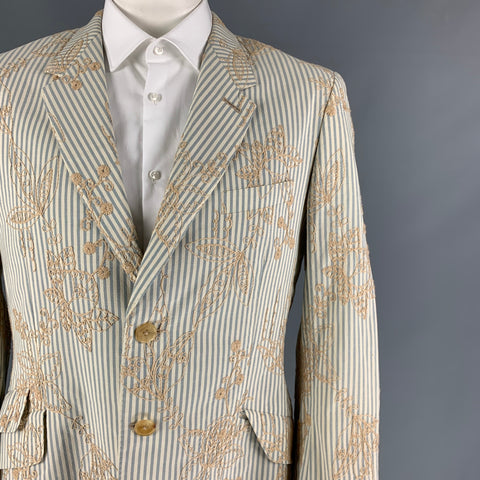 PAUL SMITH Size 44 Blue Beige Stripe Cotton Embroidered Sport Coat