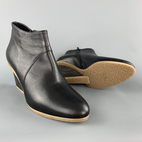 ELLEN VERBEEK Taille 8,5 Bottines à semelle compensée en cuir noir, caoutchouc et bois