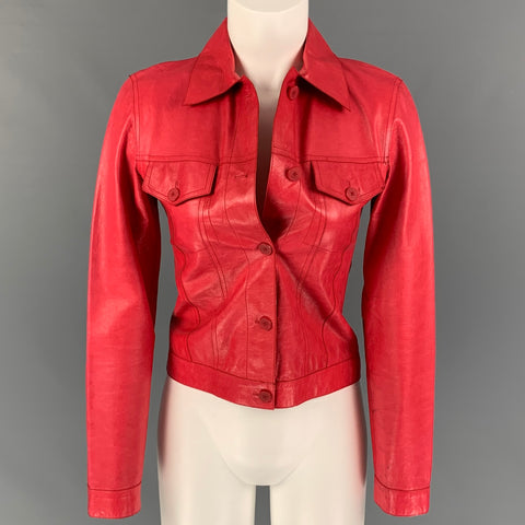 JIL SANDER Size 6 Red Leather Trucker Jacket