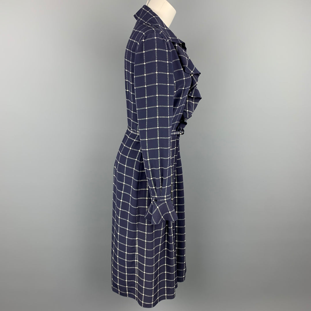 RALPH LAUREN Collection Size 8 Navy & White Checkered Silk Belted Dress