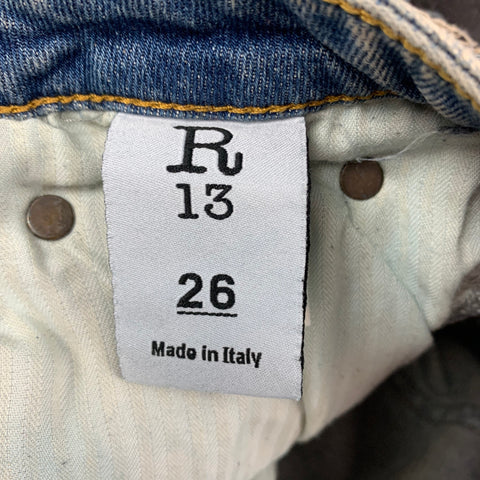 R13 Size 26 Blue Indigo Denim Distressed Zip Fly Jeans